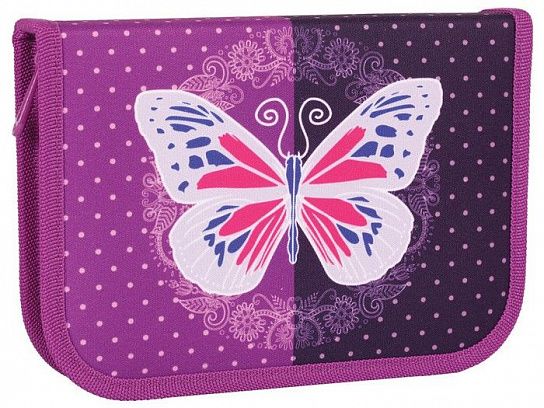 Пенал односекционный TIGER FAMILY КЛАССИЧЕСКАЯ БАБОЧКА 13x19,5x3 см, 23 предмета, сиреневый картон, полиэстер, с 1 откидной планкой