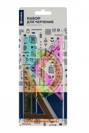 Набор чертежный 4 предмета малый GLOBUS пластик тонированный ассорти, с европодвесом