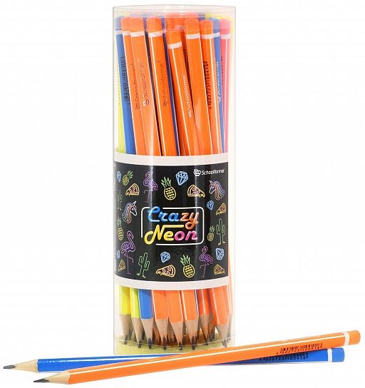 Карандаш чернографитный деревянный Schoolformat CRAZY NEON НВ заточенный, трехгранный, тубус