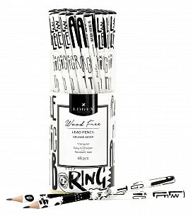 Карандаш чернографитный пластиковый LOREX WOOD FREE GRUNGE 4EVER НВ заточенный, трехгранный, принт на корпусе, тубус