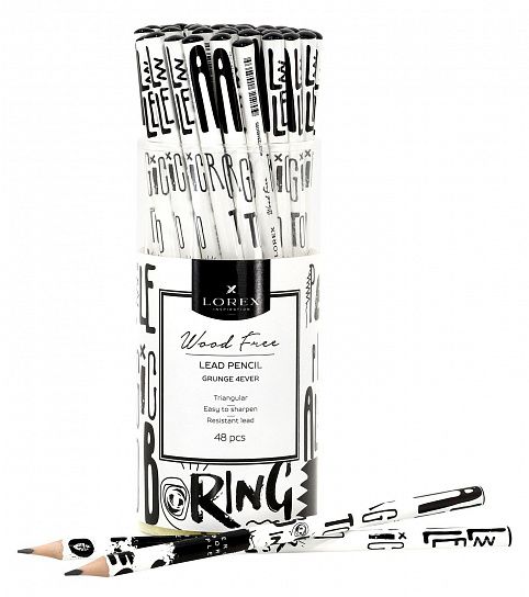 Карандаш чернографитный пластиковый LOREX WOOD FREE GRUNGE 4EVER НВ заточенный, трехгранный, принт на корпусе, тубус