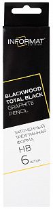 Набор чернографитных карандашей деревянные INFORMAT TOTAL BLACK BLACKWOOD 6 шт НВ заточенные, трехгранные, цветная коробка с европодвесом