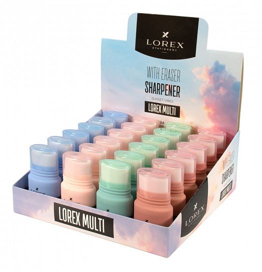 Точилка LOREX Multi Sunset Vibes с контейнером и ластиком, ассорти, корпус пластик, 1 отверстие, в дисплее