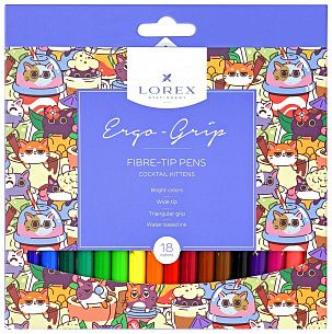 Фломастеры LOREX ERGO-GRIP COCKTAIL KITTENS классические 18 цв. круглый корпус, стандартные, картонная упаковка