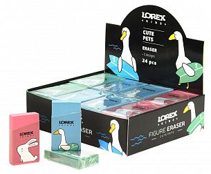 Ластик LOREX KIDS FIGURE CUTE PETS, термопластичная резина, 50х29х10 мм прямоугольный, ассорти, мягкий, картонный держатель, индивидуальный ШК