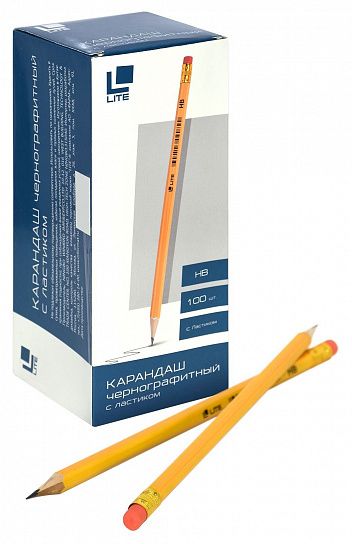 Карандаш чернографитный деревянный LITE НВ с ластиком, шестигранный, картонная коробка