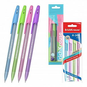 Набор шариковых ручек ErichKrause R-301 Stick Spring синие, 1 цв., 0,7 мм, 4 шт, шестигранный корпус, глянцевое покрытие