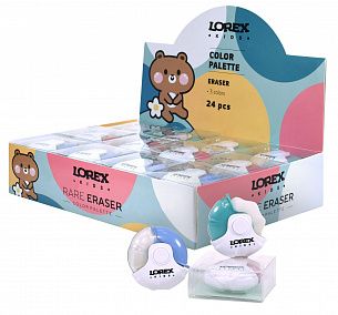 Ластик LOREX KIDS RARE COLOR PALETTE, термопластичная резина, 51х53х21 мм фигурный, ассорти, мягкий, пластиковый футляр, индивидуальный ШК